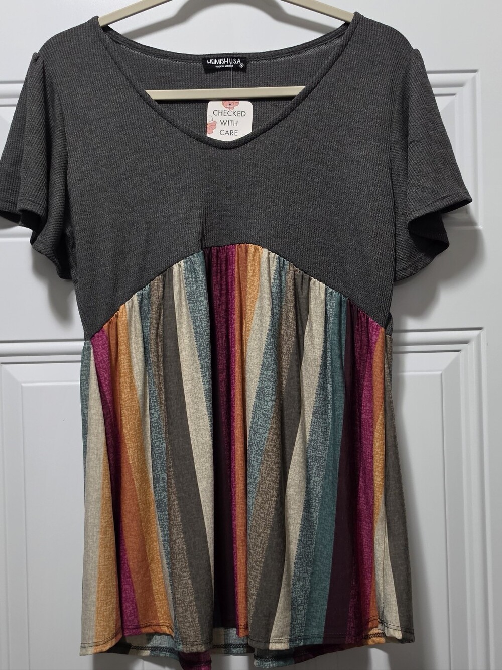 Gray Flutter Sleeve Babydoll Top with Multicolor Stripes Non-wrinkle Fabric